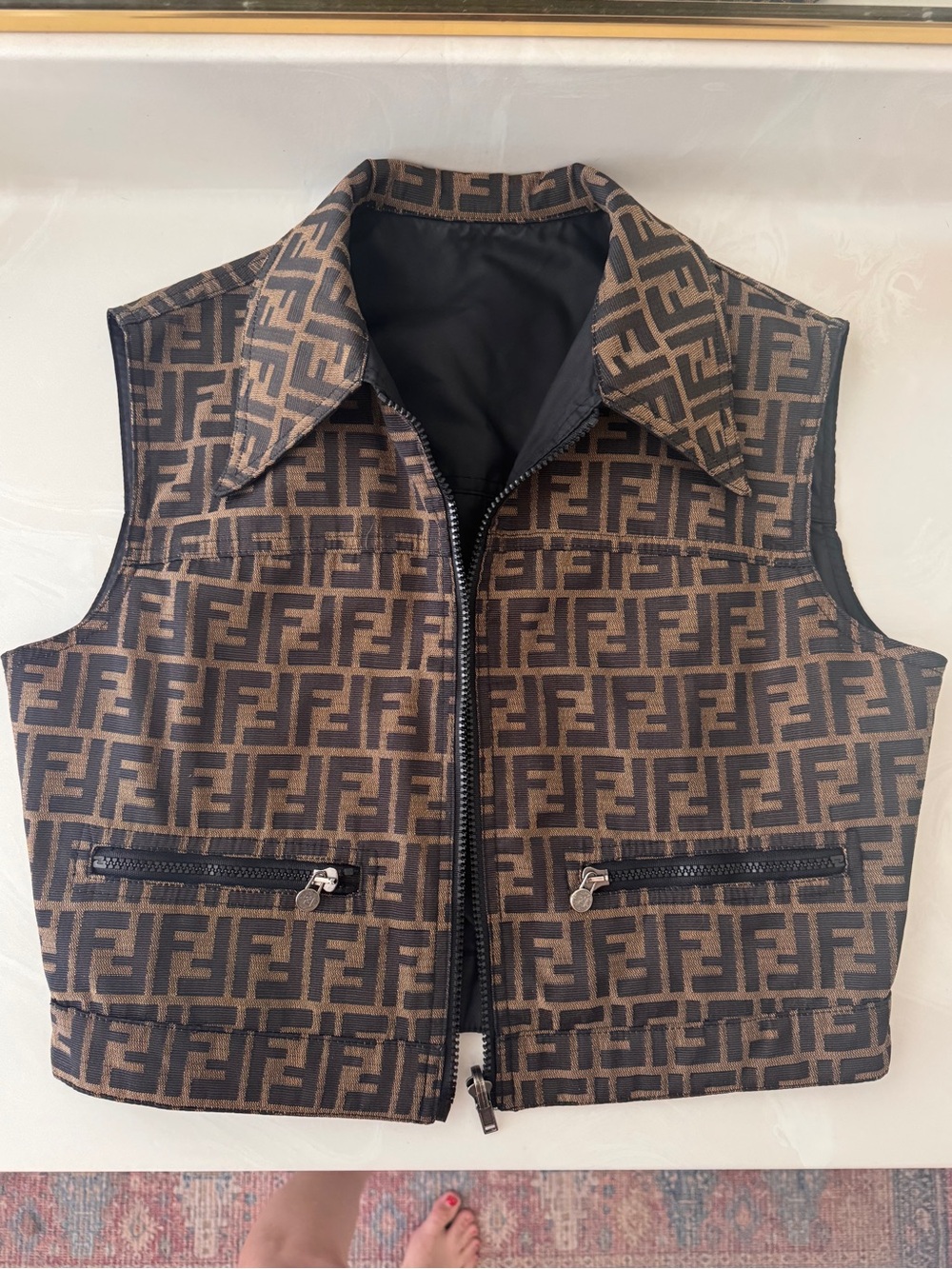 FENDI Brown & Black Zucca Logo Zip Front Vest
